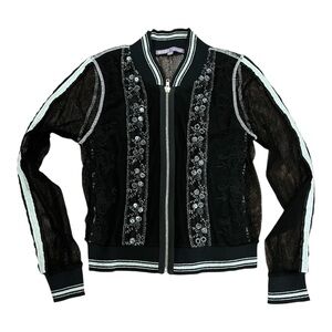Hale Bob Mesh Bomber Jacket with Beaded Embellishments and Metallic Threads -M